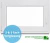 A white window frame with a blank glass pane, set against a white background. A blue circular overlay with text is in the bottom left corner, and a green truck icon with text is in the bottom right. Produktbild-Vorschau