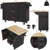 Multiple views and dimensions of a black kitchen island with a wooden top, including a collapsed and extended view of a drop-leaf section, and close-ups of the wheels and drawers. Produktbild-Vorschau