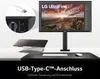 A desk setup featuring an LG UltraFine monitor, a laptop, a keyboard, and a mouse, with a close-up inset showing USB-C ports. Produktbild-Vorschau