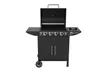A black gas grill with its lid open, shown from the front on a white background. Podgląd zdjęcia produktu