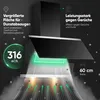 A black kitchen hood with green light effects and text overlays highlighting its features. Produktbild-Vorschau