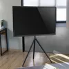 A black TV stand with a TV on it, placed on a wooden floor in a room. Podgląd zdjęcia produktu