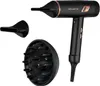 A black Rowenta hair dryer with gold accents and its accessories, including a concentrator nozzle and a diffuser, are displayed against a white background. Podgląd zdjęcia produktu