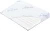 A white mattress topper with a light blue pattern and logo. Produktbild-Vorschau