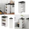 A collage of images showing a slim rolling storage cart in different kitchen and bathroom settings. Voir les images du produit
