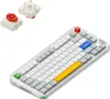 A low-profile mechanical keyboard with colorful accent keys and two extra keycaps shown above. Produktbild-Vorschau