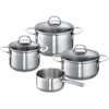 A set of four stainless steel pots with glass lids, arranged on a white background. Produktbild-Vorschau