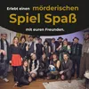 A group of people dressed in 1920s attire posing for a photo, with text overlay advertising a murder mystery dinner event. Produktbild-Vorschau
