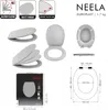A collage of images showing a toilet seat, its features, packaging, and dimensions. Anteprima dell’immagine prodotto