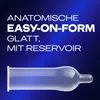 A close-up of a condom against a dark blue gradient background with text describing its features. Náhled obrázku produktu