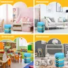 A collage of four scenes showing storage stools in different room settings: a bedroom, a living room, a kindergarten, and a child's room. Podgląd zdjęcia produktu