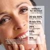 A close-up of a woman's face with marketing text and statistics overlaid. Produktbild-Vorschau