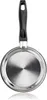 A top-down view of a stainless steel saucepan with a black handle, isolated on a white background. Produktbild-Vorschau