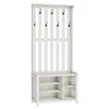 A white wooden hall tree with coat hooks and shoe storage shelves, presented against a white background. Produktbild-Vorschau