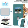 A teal flip case wallet for a phone is shown with cards and money inserted, along with diagrams explaining RFID blocking technology. Voir les images du produit