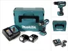 A collage of images showing a Makita cordless drill set, including the drill, batteries, charger, and case. Náhľad obrázku produktu