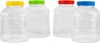 Four clear plastic jars with colored screw-on lids are arranged in a row against a white background. Produktbild-Vorschau