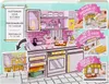 A marketing image showing a toy kitchen playset with various accessories and illustrative steps for customization and use. Produktbild-Vorschau