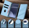 A light blue phone case with card slots and a phone inside, displayed on a brown textured surface. Several smaller circular images highlight features of the case. Produktbild-Vorschau