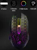 A gaming mouse with RGB lighting and geometric patterns, set against a dark background with feature callouts at the top. Produktbild-Vorschau
