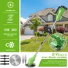 A cordless electric lawn mower is shown in front of a suburban house with a well-maintained lawn. Podgląd zdjęcia produktu