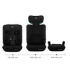 Three different configurations of a black car seat are displayed side-by-side against a white background, with height measurements indicated below each configuration. Podgląd zdjęcia produktu