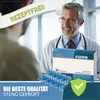 A doctor is holding a product box and a blister pack of pills while talking to a patient. Produktbild-Vorschau