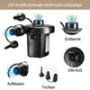 A collage of images showing a black electric air pump with various attachments and labels in German. Produktbild-Vorschau