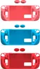 Three silicone protective cases for a game console, each with a pair of thumb grip caps, displayed in different colors. Produktbild-Vorschau