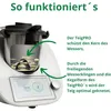 A close-up view of a kitchen appliance with text overlays explaining its function. Produktbild-Vorschau