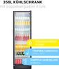 A tall, narrow refrigerator filled with bottles and cans, with marketing labels on the right side. Produktbild-Vorschau