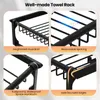 A collage of four close-up images showcasing the features of a black towel rack. Náhľad obrázku produktu