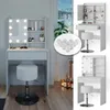 Collage of a white vanity table with LED lights and a stool, shown from different angles and with a close-up of light bulbs. Voir les images du produit