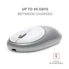 A silver and white wireless mouse is shown on a white background with marketing text. Produktbild-Vorschau