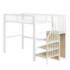 A white loft bed with wooden steps and a wooden cabinet on the side, shown against a white background. Podgląd zdjęcia produktu