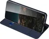 A blue flip case for a smartphone, shown in a diagonal view with the front cover open and folded back. Produktbild-Vorschau