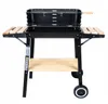 A black charcoal grill with wooden side shelves and a wooden bottom shelf, shown on a white background. Produktbild-Vorschau