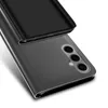 A close-up, angled view of a black flip case for a smartphone, showing the back of the phone with its camera lenses and the case partially covering it. Produktbild-Vorschau