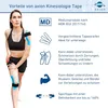 A woman is shown wearing kinesiology tape on her arm and leg, with accompanying text and icons explaining the benefits of the product. Produktbild-Vorschau