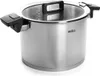 A stainless steel pot with a glass lid and black handles, shown from a slightly elevated side angle against a white background. Produktbild-Vorschau
