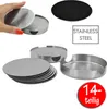 A collage of stainless steel coasters and their holder, with a hand holding one coaster. Produktbild-Vorschau