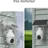 Two security cameras with solar panels are shown in different weather conditions: snow and rain. Produktbild-Vorschau