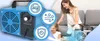 A woman and child are on a couch, with an ozone generator and icons representing its features in the foreground. Produktbild-Vorschau