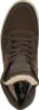 A top-down view of a brown leather boot with laces and fur lining. Voir les images du produit