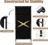 A black fabric dresser with a metal frame, highlighting its stability features with text and close-up diagrams. Podgląd zdjęcia produktu