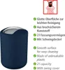 A dark blue trash can with a silver lid is shown next to a list of its features in German and English. Produktbild-Vorschau