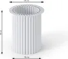 A white cylindrical table with a fluted design, shown in a studio setting with dimensions indicated. Produktbild-Vorschau