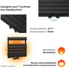 Collage of images and text describing a black towel radiator. Produktbild-Vorschau