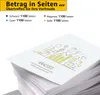 A stack of papers with a diagram on top, with text overlay about page counts. Produktbild-Vorschau