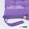 Close-up of a purple seat cushion with straps and a button. Náhled obrázku produktu